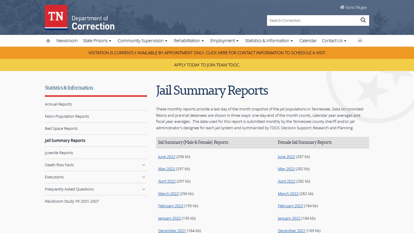 Jail Summary Reports - Tennessee